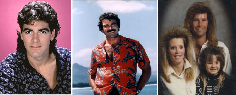 Eh oui, c'est l'ami Clooney dans les années 80 ! A droite, une famille anonyme victime de la coupe mulet.Seul Tom Seleck, alias Magnum s'en sort avec sa moustache et sa chemise hawaïenne...