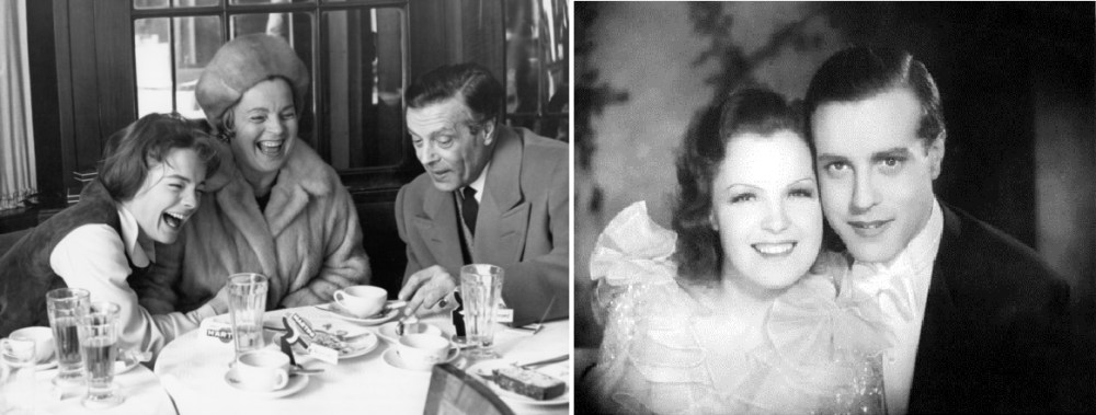 A gauche : Romy Schneider et ses parents sur le tournage du Cardinal en 1963. A droite : Mgda Schneider et Wolf Albach-Retty, petits fiancés du cinéma allemand dans les années 20.