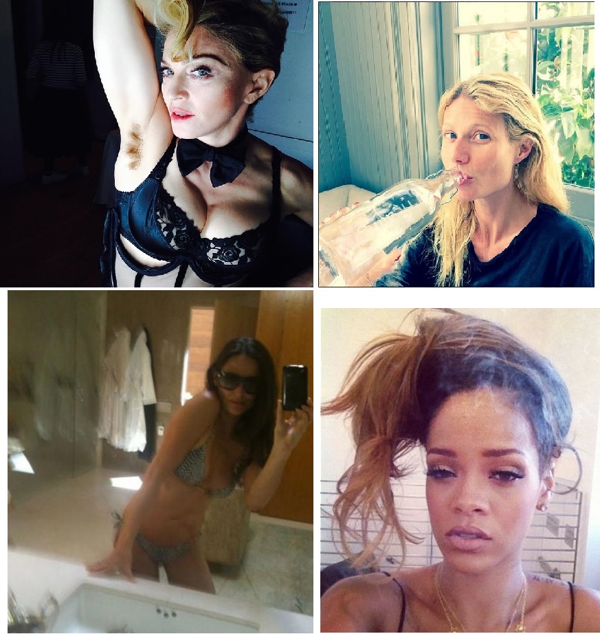 Le selfie, maladie du XXIème siècle chez les stars. A gauche, Madonna ne nous épargne pas sa pilosité des aisselles raccord avec sa couleur de cheveux, tandis que Gweneth Paltrow nous montre comme elle est jolie même en buvant une bouteille d'eau. Pendant ce temps, Demi Moore, qui ne fait jamais les choses à moitié, pose en bikini et salle de bain dégueulasse. Rihana un lendemain de cuite, aurait aussi mieux fait de s'abstenir...