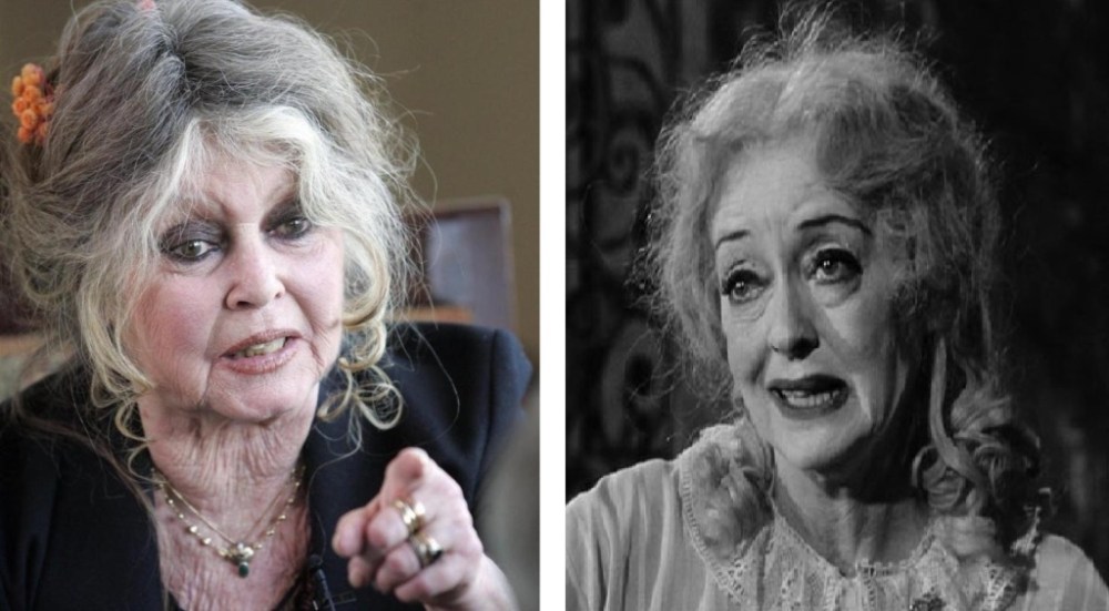 Avec Brigitte et ma tante, on peut être et ne pas avoir été... (A gauche, photo récente de Brigitte Bardot; à droite, Bette Davis dans "What's happenned to Baby Jane?", 