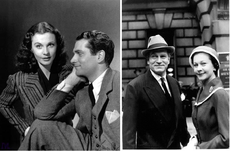 A gauche, Vivien Leigh et Laurence Olivier au temps de l'amour fou, 1941 environ. A droite, environ 20 ans plus tard. Les sentiments sont partis, les amoureux ont vieillis, mais e sourire de façade reste...