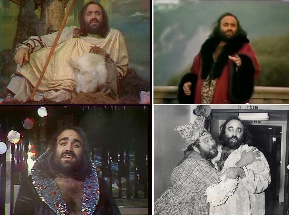 En pâtre grec (ou en pélerin ?), en col fourrure, à paillettes, ou brodés, où même avec Carlos, un autre gros barbu, Demis Roussos faisait aussi preuve d'auto-dérision sur son personnage public.