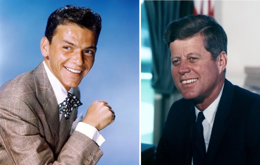 Frank Sinatra ( à gauche) et John Kennedy (à droite), même dentition et même soutire d'un optimiste éclatant. Le crooner/acteur vs le président. 
